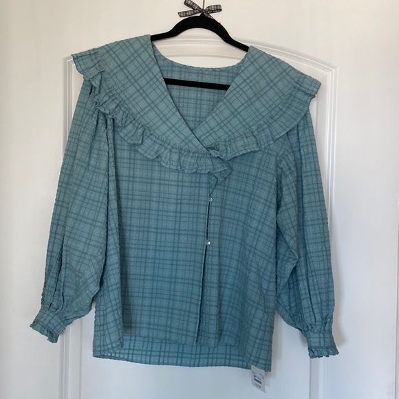 Beams Boy O.Big ruffled collar blouse, one size, blue check - Picture 1 of 11